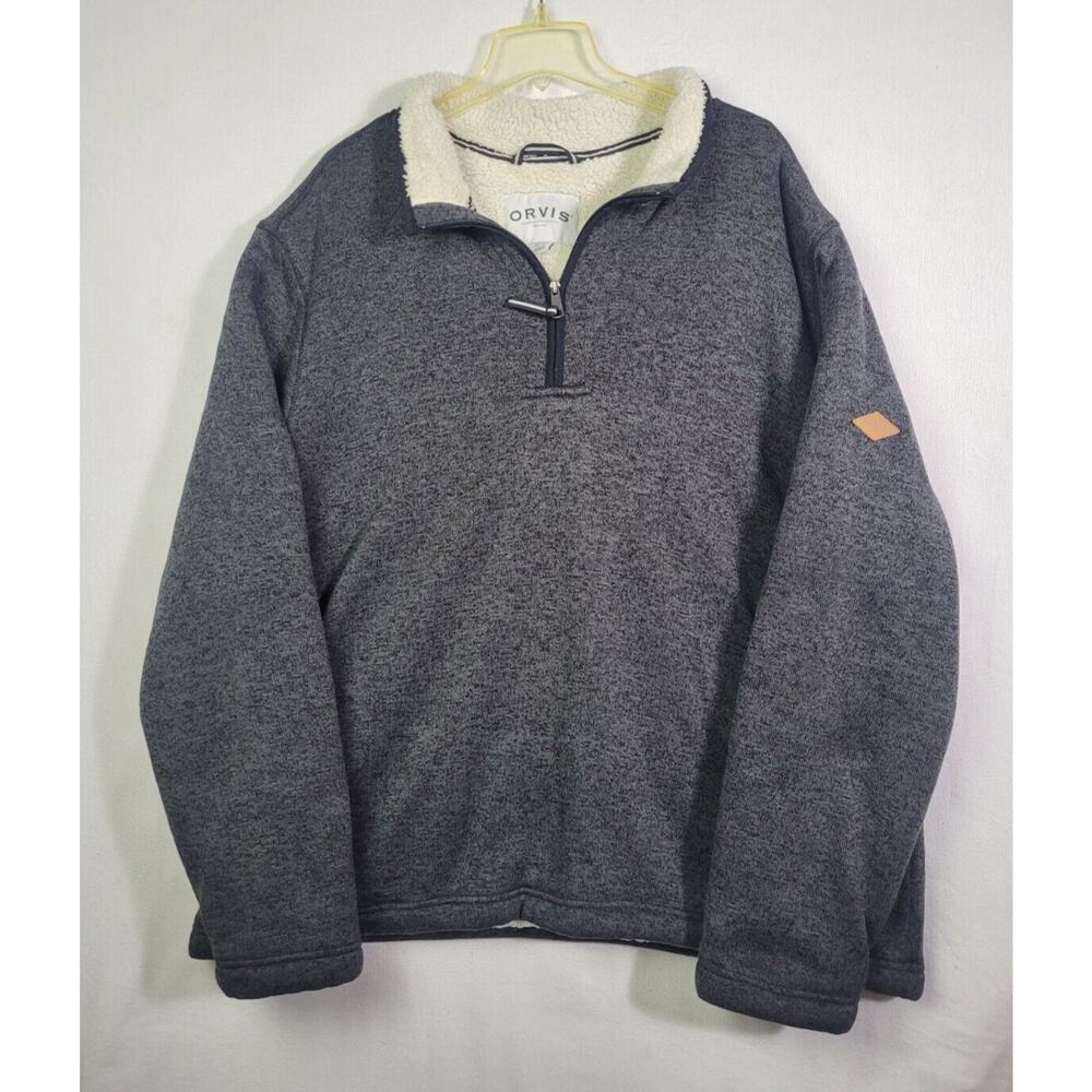 Orvis Pullover Sherpa Mens Size XL Fleece Lined 1/4 Zip Gray Pockets Sweater
